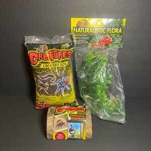 Set of 3 Zoo Med Terrarium Creature Soil, Wooden Log Cave & Naturalistic Flora